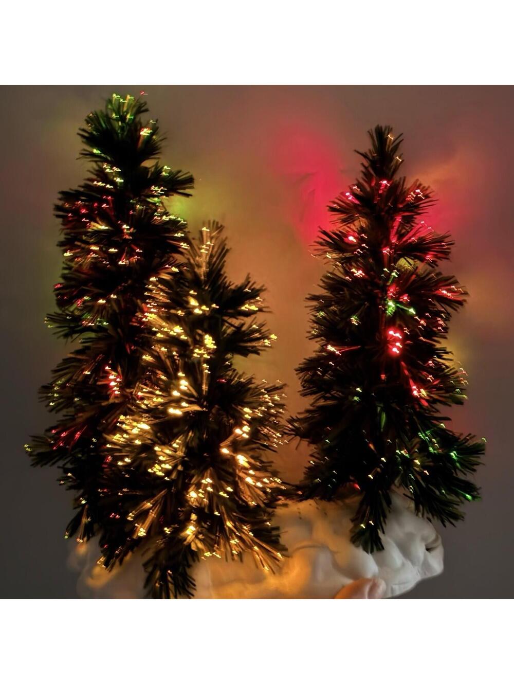 Lemax Fiber Optic Battery Op. Shimmering Christmas Spruce Trees Light Up Vintage